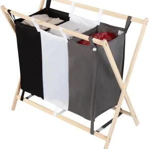 Cos de rufe cu 3 compartimente, 120L, cadru de lemn, dimensiune 85/43/81