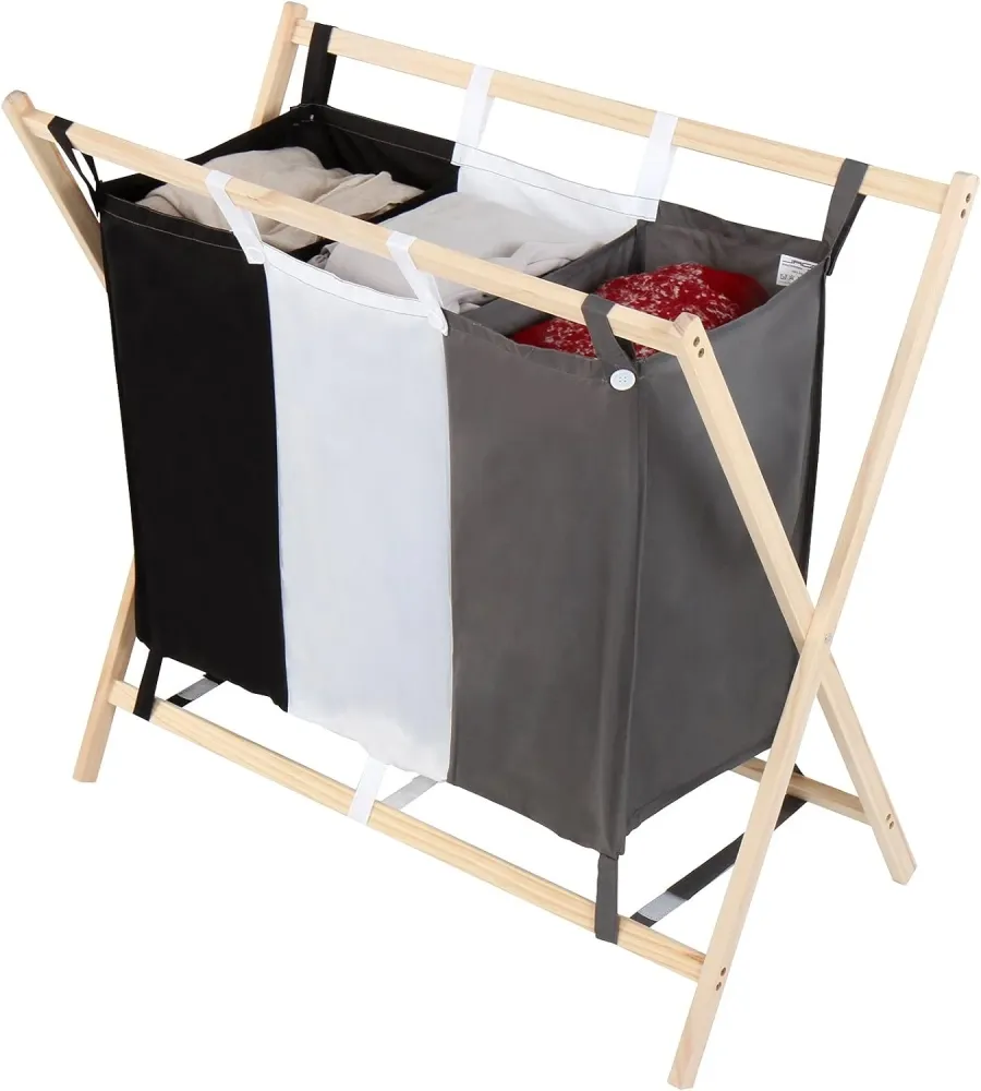Cos de rufe cu 3 compartimente, 120L, cadru de lemn, dimensiune 85/43/81