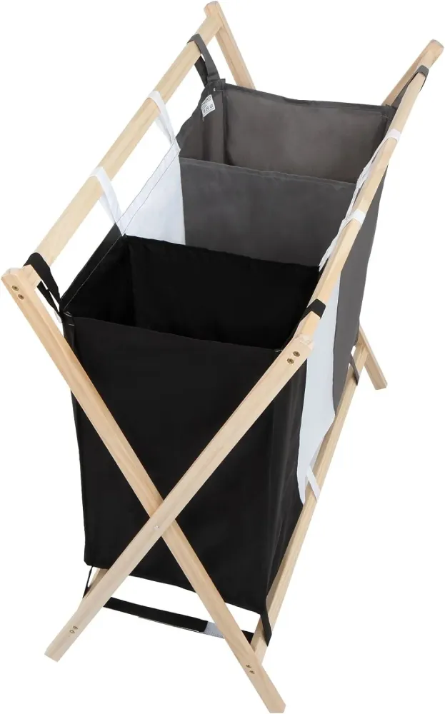 Cos de rufe cu 3 compartimente, 120L, cadru de lemn, dimensiune 85/43/81