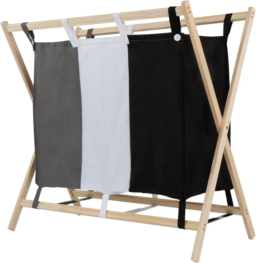 Cos de rufe cu 3 compartimente, 120L, cadru de lemn, dimensiune 85/43/81
