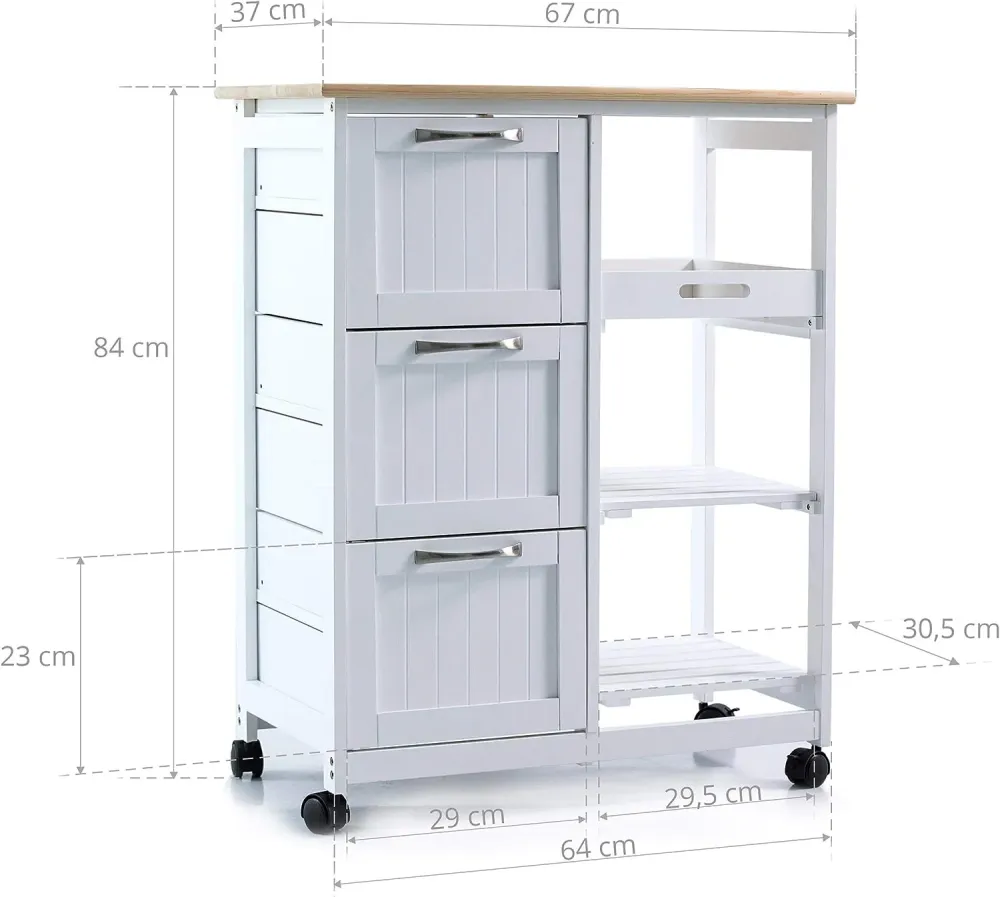 Carucior de bucatarie pe roti, cu 3 sertare si 3 rafturi, 67 x 37 x 84 cm, lemn, alb