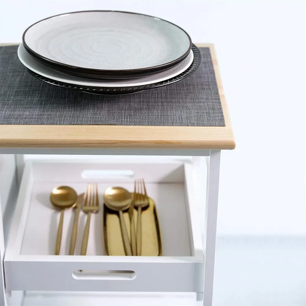 Carucior de bucatarie pe roti, cu 3 sertare si 3 rafturi, 67 x 37 x 84 cm, lemn, alb