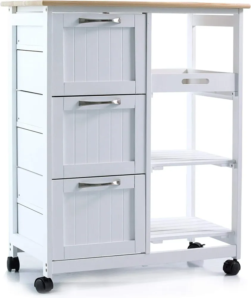 Carucior de bucatarie pe roti, cu 3 sertare si 3 rafturi, 67 x 37 x 84 cm, lemn, alb