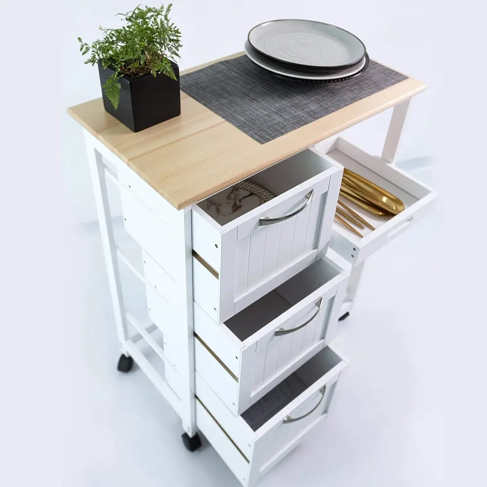 Carucior de bucatarie pe roti, cu 3 sertare si 3 rafturi, 67 x 37 x 84 cm, lemn, alb