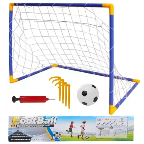 Set Poartă de Fotbal cu Plasă, Minge și Pompă - Albastru-Galben