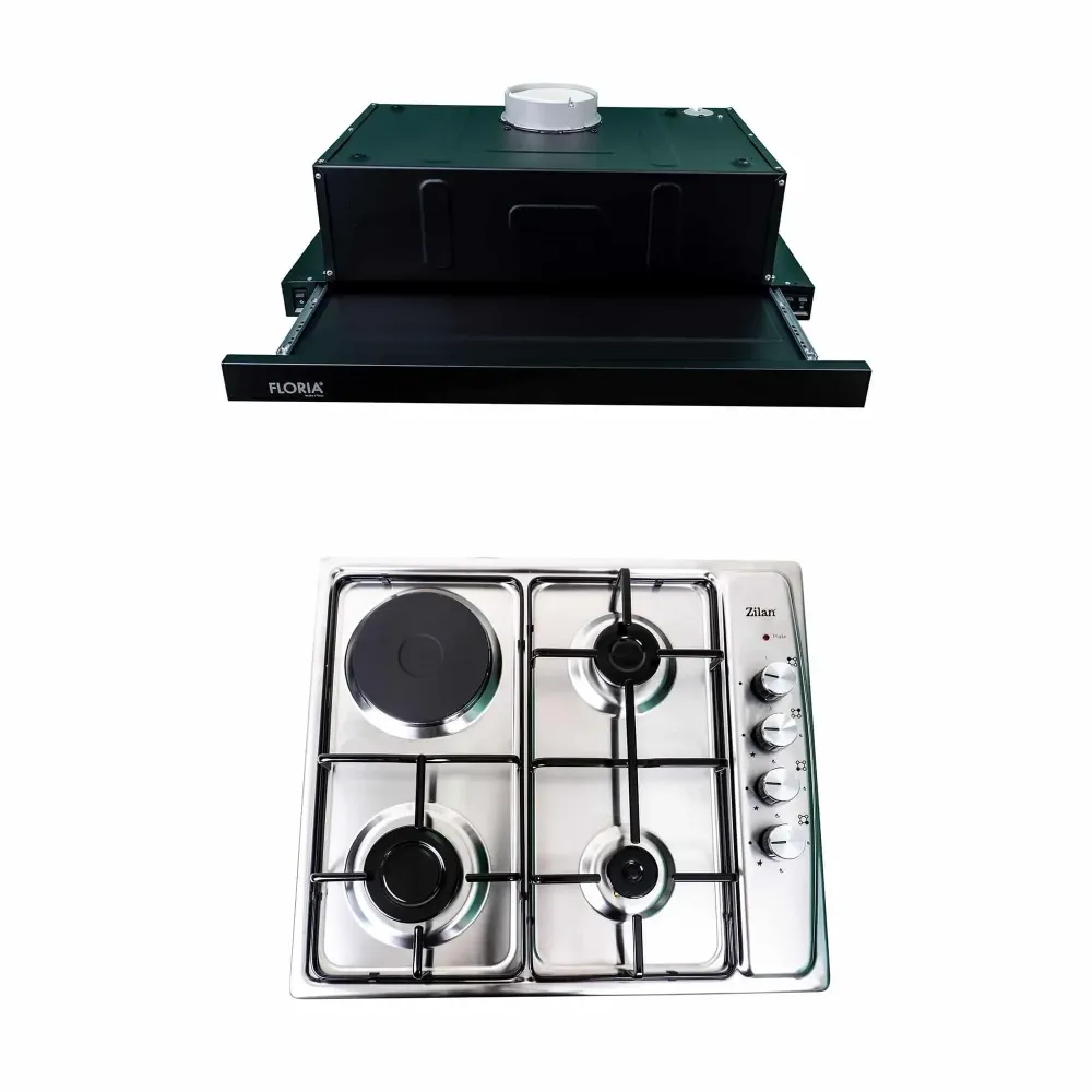 Pachet plita incorporabila inox (1918), 60x50x6 cm, gaz butelie sau gaz natural (duze de schimb incluse), hota 1 motor, pu...