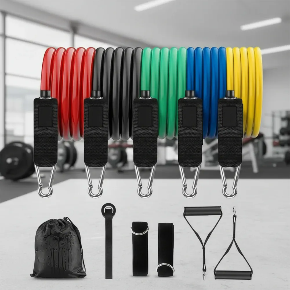 Benzi Elastice pentru Sport Elindor® cu 2 Manere si Ancora pentru Usa, Rezistenta Totala 68 kg, pentru Fitness, Workout, Y...