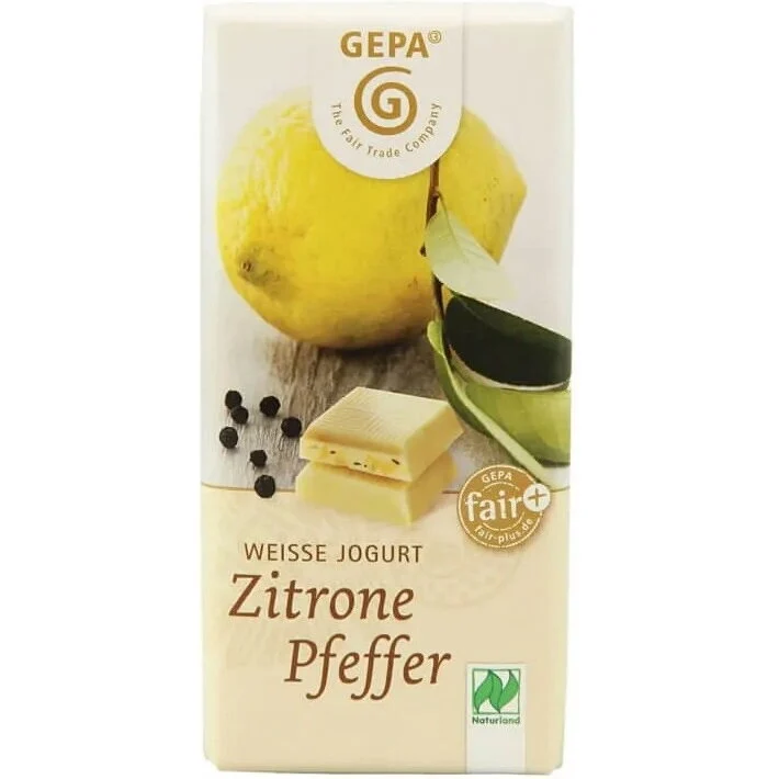 Ciocolata alba Bio cu iaurt, lamaie si piper, 40 gr Gepa