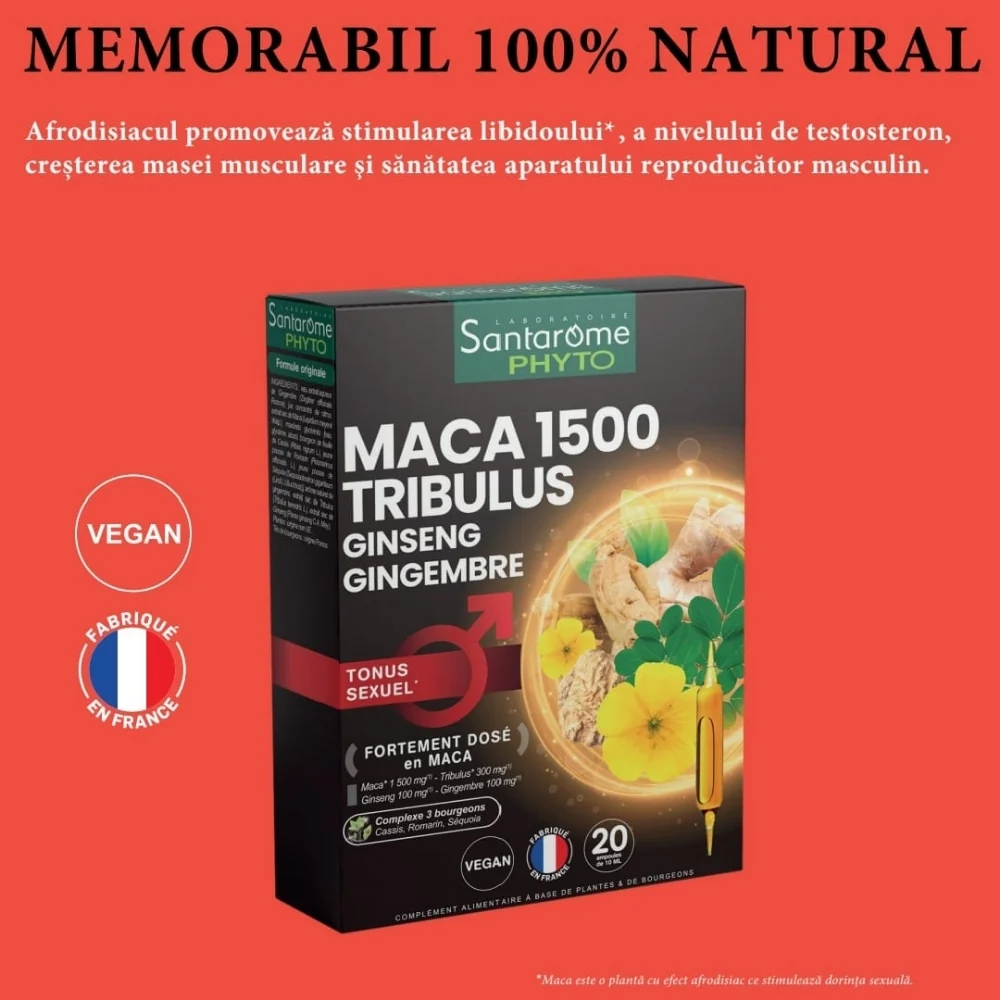 Maca 1500 tribulus ginseng ghimbir bio 20 fiole