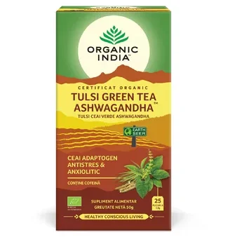 ORGANIC INDIA Ceai Tulsi Ashwagandha si Ceai Verde Adaptogen Anxiolitic 25 plic NOU