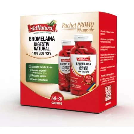 Pachet digestiv natural, 1400 GDU Bromelaina, 60 + 30 capsule, AdNatura