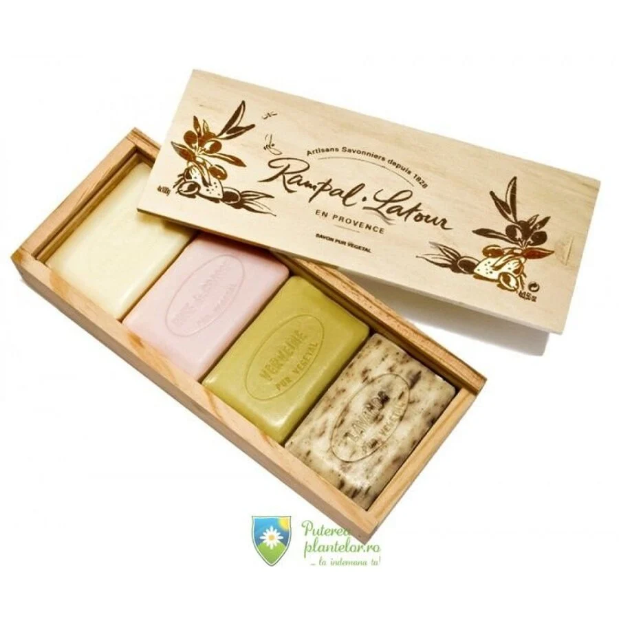 4 sapunuri naturale cutie din lemn cadou 400 gr