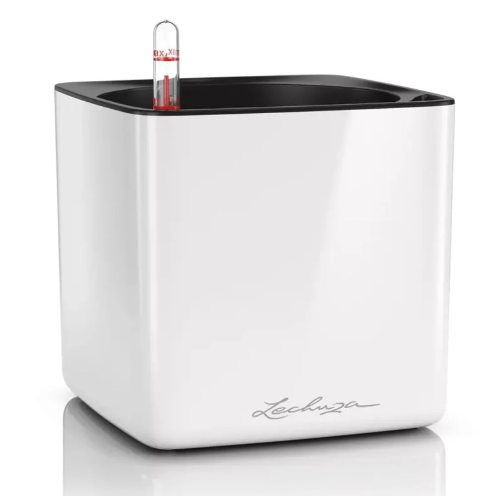 Ghiveci Auto-Irigant Lechuza Cube Glossy 16, alb lucios, pentru plante cu ghiveci, sistem de autoirigare, insert detasabil...