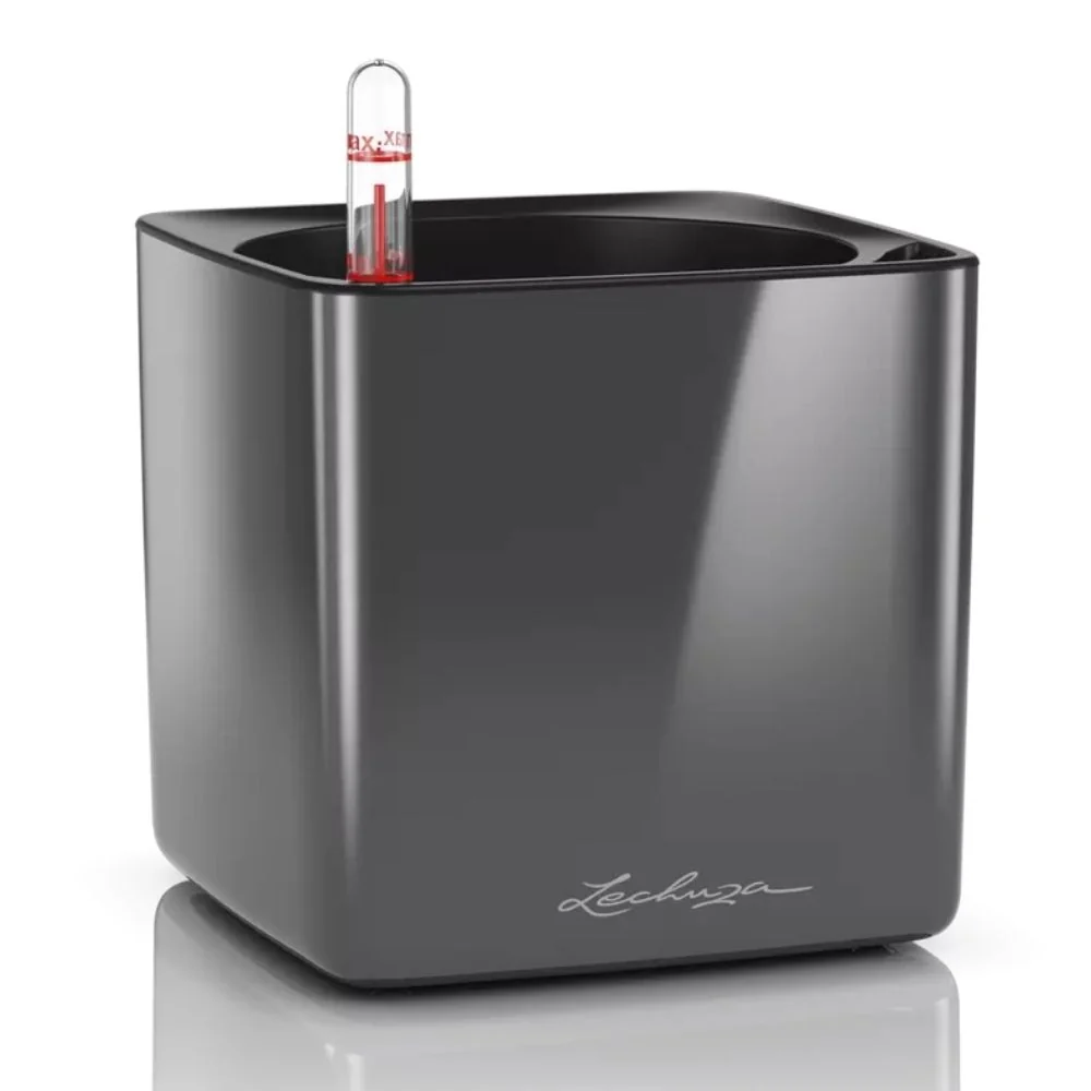 Ghiveci Auto-Irigant Lechuza Cube Glossy 14, negru lucios, pentru plante cu ghiveci, sistem de autoirigare, insert detasab...