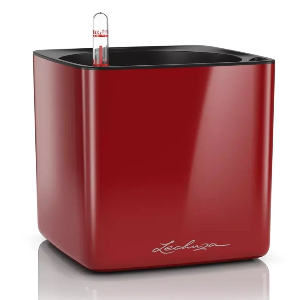 Ghiveci Auto-Irigant Lechuza Cube Glossy 14, rosu lucios, pentru plante cu ghiveci, sistem de autoirigare, insert detasabi...