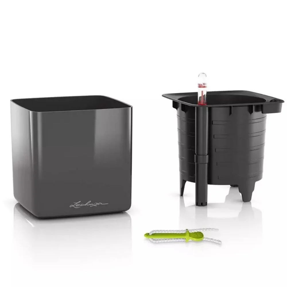 Ghiveci Auto-Irigant Lechuza Cube Glossy 14, rosu lucios, pentru plante cu ghiveci, sistem de autoirigare, insert detasabi...