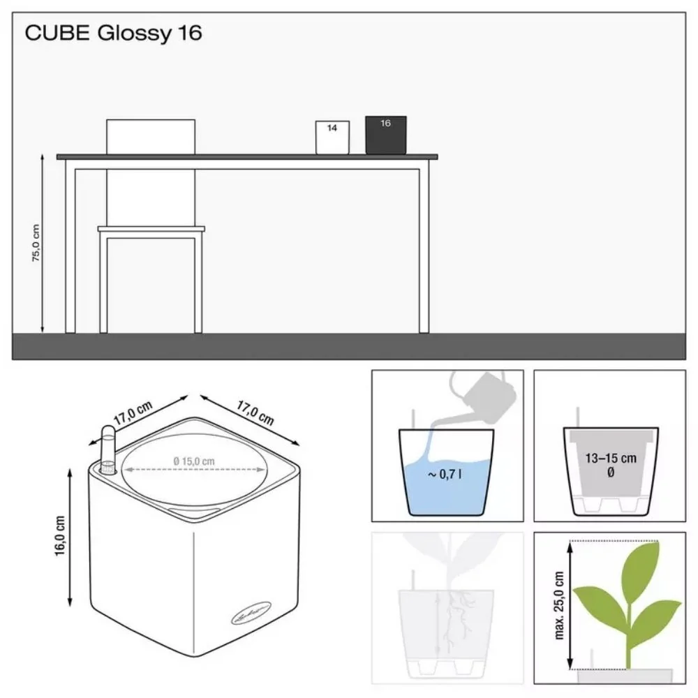 Ghiveci Auto-Irigant Lechuza Cube Glossy 16, rosu lucios, pentru plante cu ghiveci, sistem de autoirigare, insert detasabi...