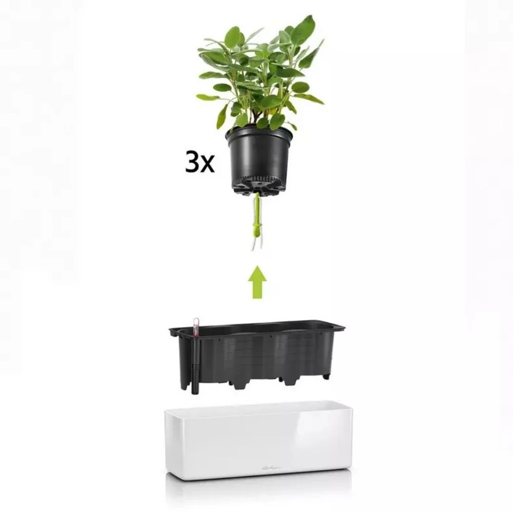Ghiveci Auto-Irigant Lechuza Cube Glossy Triple, alb lucios, pentru plante cu ghiveci, sistem de autoirigare, insert detas...