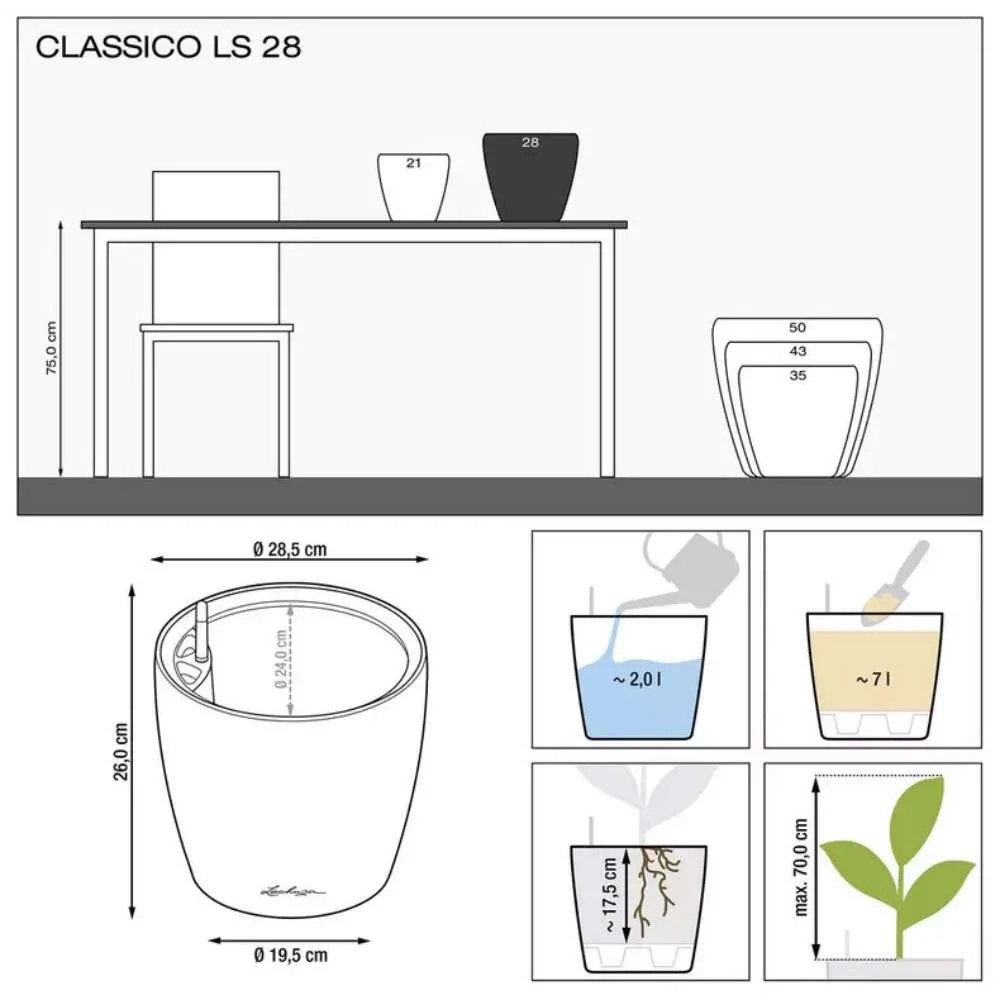 Ghiveci Auto-Irigant Lechuza Classico Premium 28 LS, 7 l, negru lucios, sistem de autoirigare, insert detasabil, strat de...