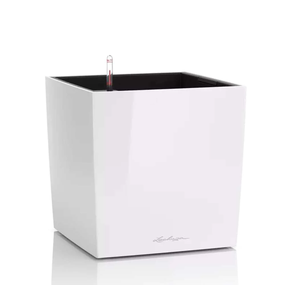 Ghiveci Auto-Irigant Lechuza Cube Premium 30, 12 l, alb lucios, sistem de autoirigare, insert detasabil, strat de drenaj