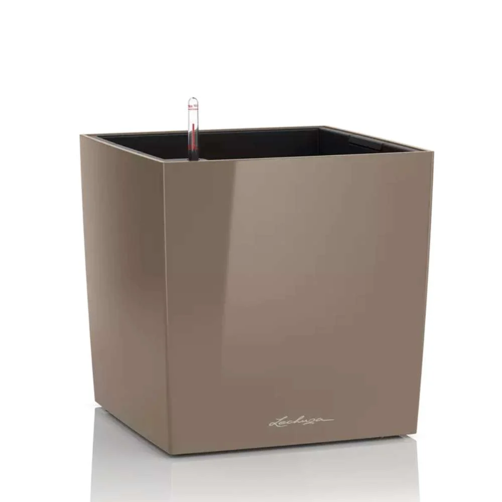 Ghiveci Auto-Irigant Lechuza Cube Premium 30, 12 l, bej lucios, sistem de autoirigare, insert detasabil, strat de drenaj