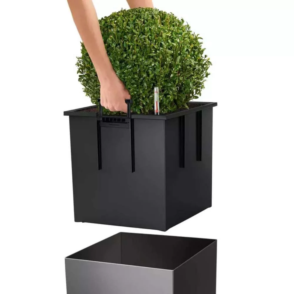 Ghiveci Auto-Irigant Lechuza Cube Premium 30, 12 l, bej lucios, sistem de autoirigare, insert detasabil, strat de drenaj