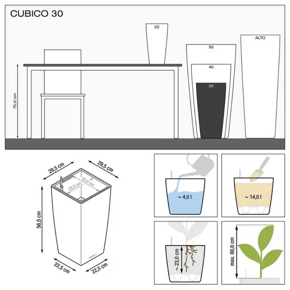 Ghiveci Auto-Irigant Lechuza Cubico Premium 30, 14 l, alb lucios, sistem de autoirigare, insert detasabil, strat de drenaj