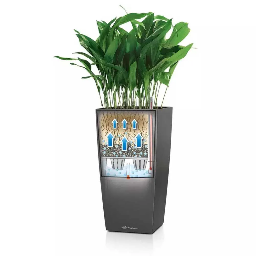 Ghiveci Auto-Irigant Lechuza Cubico Premium 30, 14 l, alb lucios, sistem de autoirigare, insert detasabil, strat de drenaj