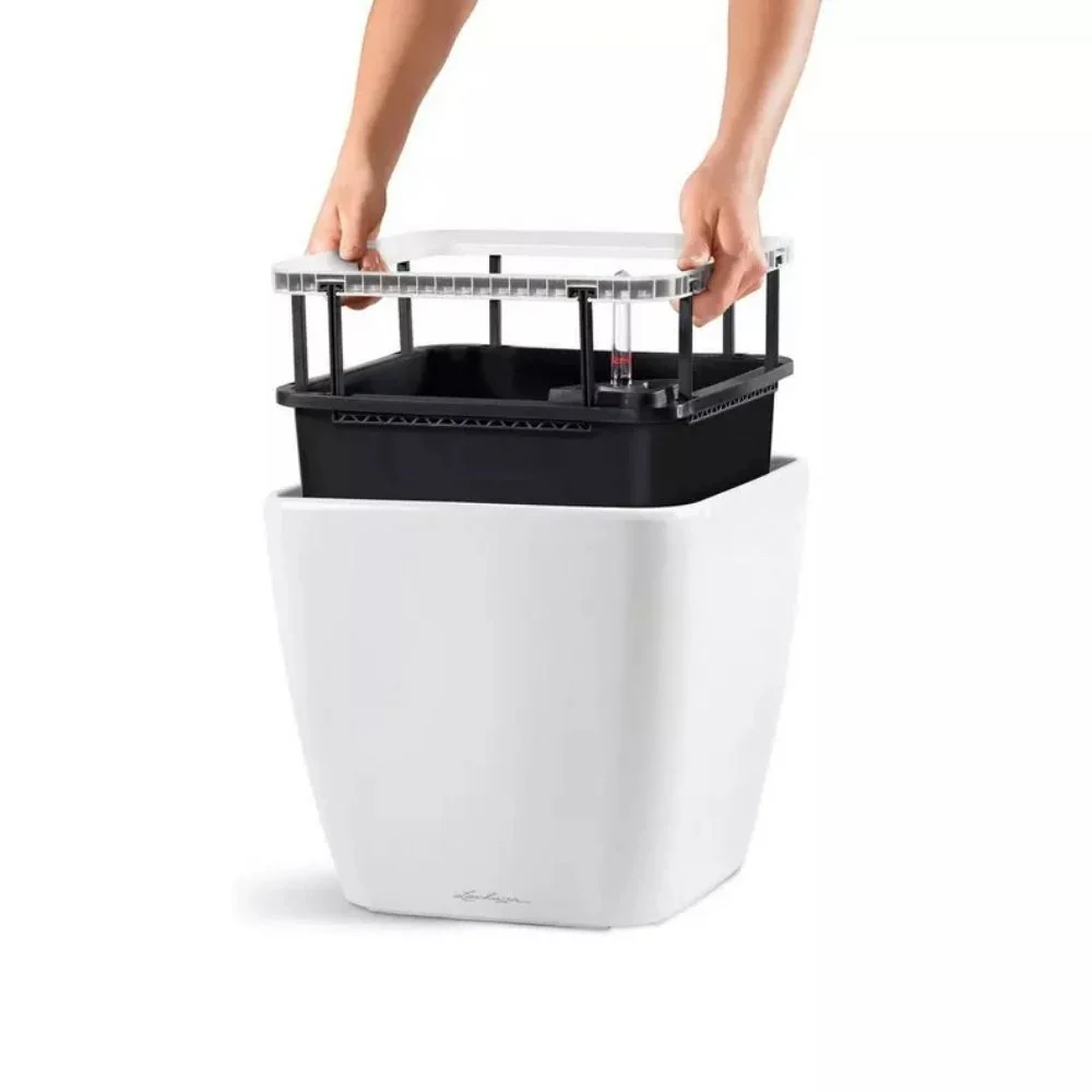 Ghiveci Auto-Irigant Lechuza Quadro Premium 21 LS, 4 l, Bej lucios, sistem de autoirigare, insert detasabil, strat de drenaj