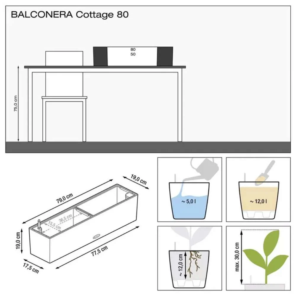 Ghiveci Auto-Irigant Lechuza Balconera Cottage 80, 12 l, efect de ratan gri, sistem de autoirigare, insert detasabil, stra...