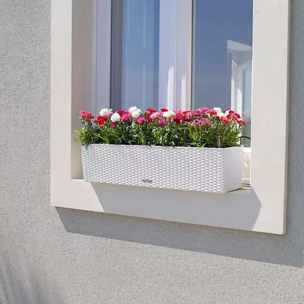 Ghiveci Auto-Irigant Lechuza Balconera Cottage 80, 12 l, efect de ratan alb, sistem de autoirigare, insert detasabil, stra...