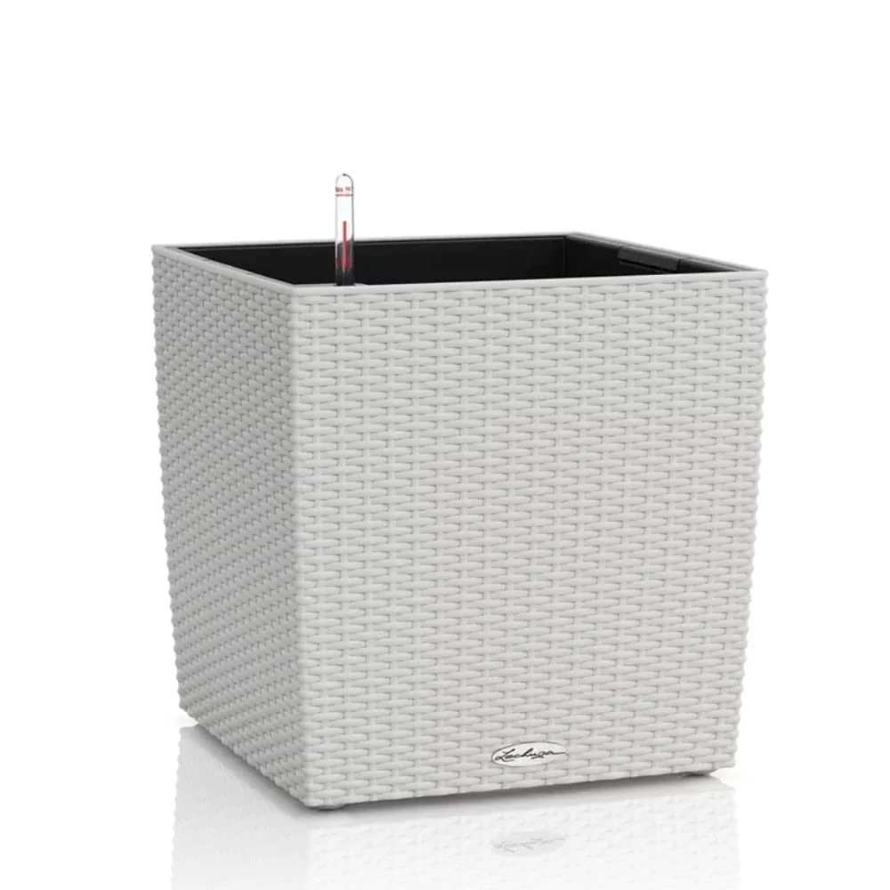 Ghiveci Auto-Irigant Lechuza Cube Cottage 40, 31 l, efect de ratan gri deschis, pentru plante cu ghiveci, sistem de autoir...