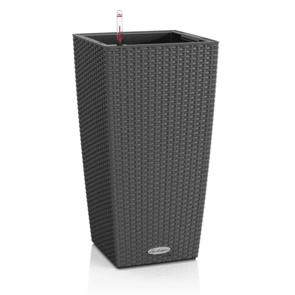 Ghiveci Auto-Irigant Lechuza Cubico Cottage 30, efect de ratan gri, pentru plante cu ghiveci, sistem de autoirigare, inser...