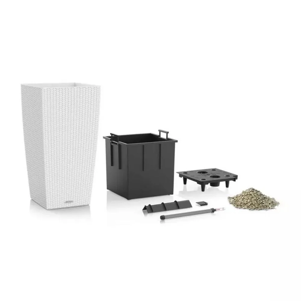 Ghiveci Auto-Irigant Lechuza Cubico Cottage 30, efect de ratan gri, pentru plante cu ghiveci, sistem de autoirigare, inser...