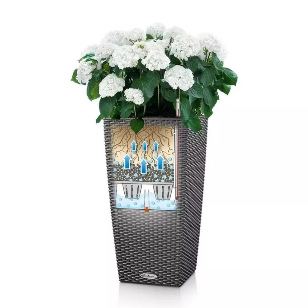 Ghiveci Auto-Irigant Lechuza Cubico Cottage 30, efect de ratan gri, pentru plante cu ghiveci, sistem de autoirigare, inser...