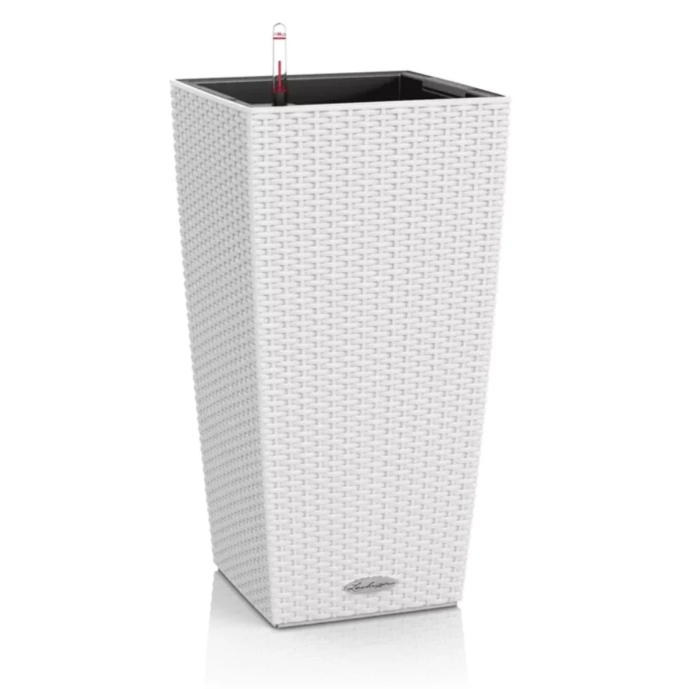 Ghiveci Auto-Irigant Lechuza Cubico Cottage 30, efect de ratan alb, pentru plante cu ghiveci, sistem de autoirigare, inser...