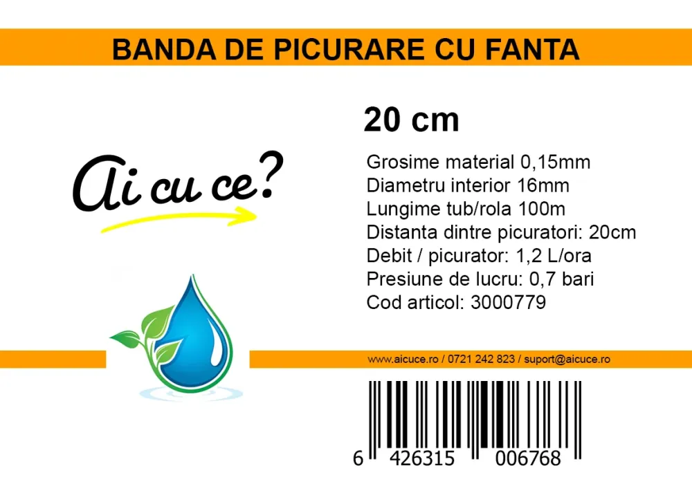 Bandă de picurare cu fantă 6mil, 1.2 l/h, 20cmx100m