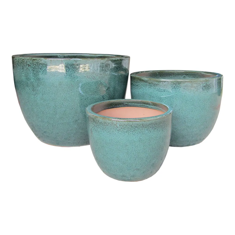 Burnley Ghivece din ceramica glazurata verde, cu gaura de drenaj, set de 3