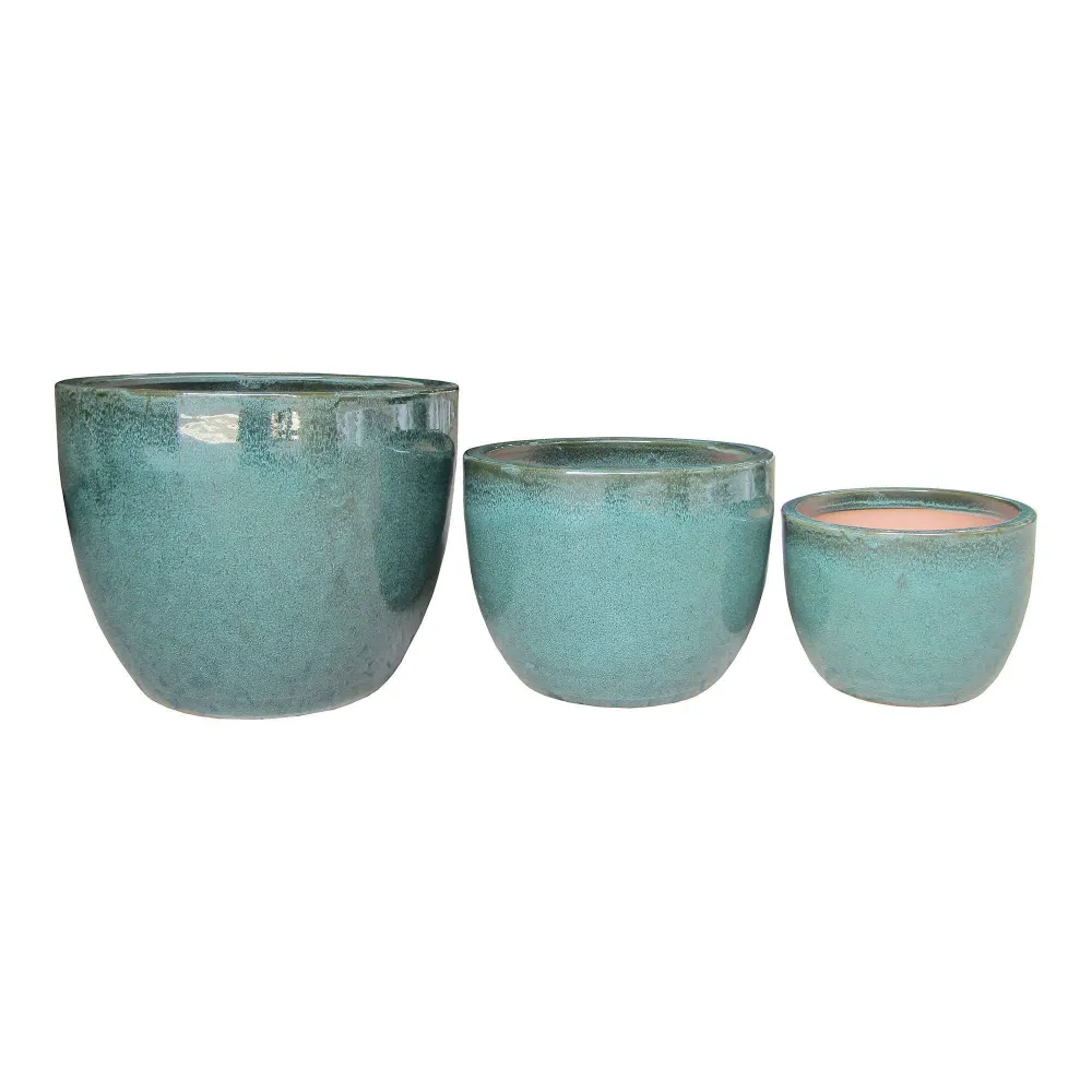 Burnley Ghivece din ceramica glazurata verde, cu gaura de drenaj, set de 3