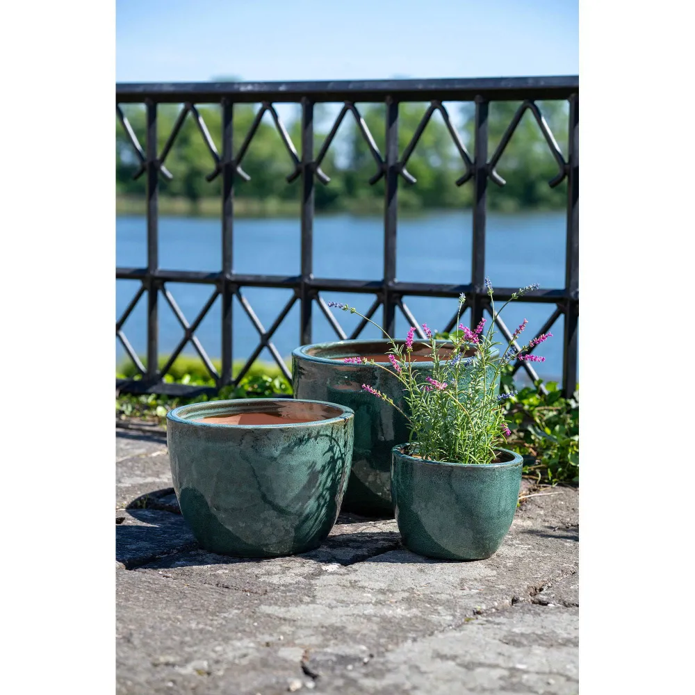 Burnley Ghivece din ceramica glazurata verde, cu gaura de drenaj, set de 3