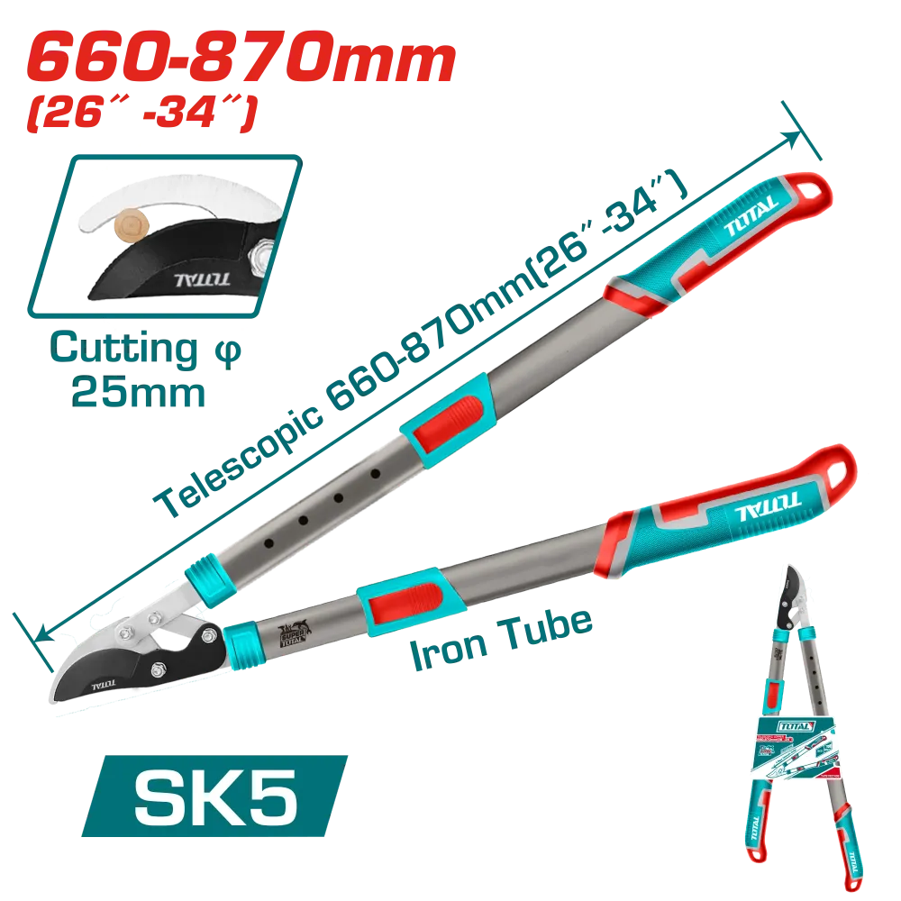 Foarfeca telescopica TOTAL pentru crengi 660–870 mm, lama SK5 teflon, taiere 25 mm