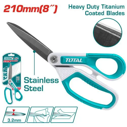 Foarfeca TOTAL 210 mm, lama lunga titan, maner cauciuc, pentru textile si carton