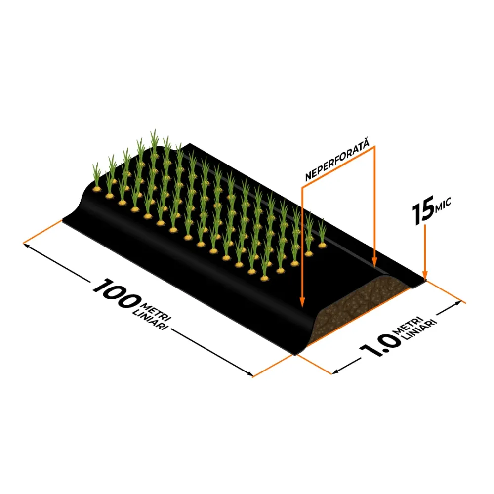 Folie de mulcire neperforată Grosime 15 microni; Dimensiune 1x100m.
