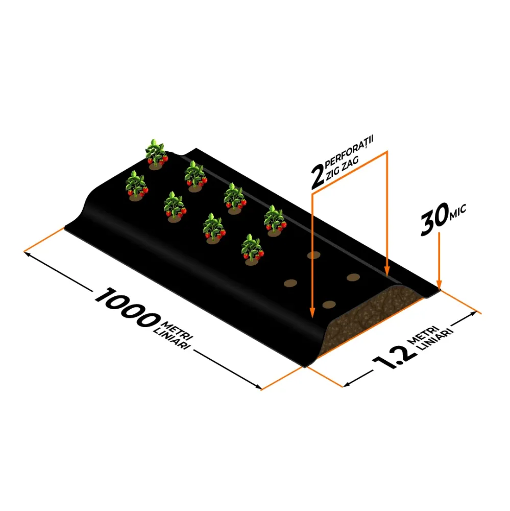 Folie de mulcire perforată Grosime 30 microni; 2 perforatii zig zag 30cm; Dimensiune 1.2x1000m.