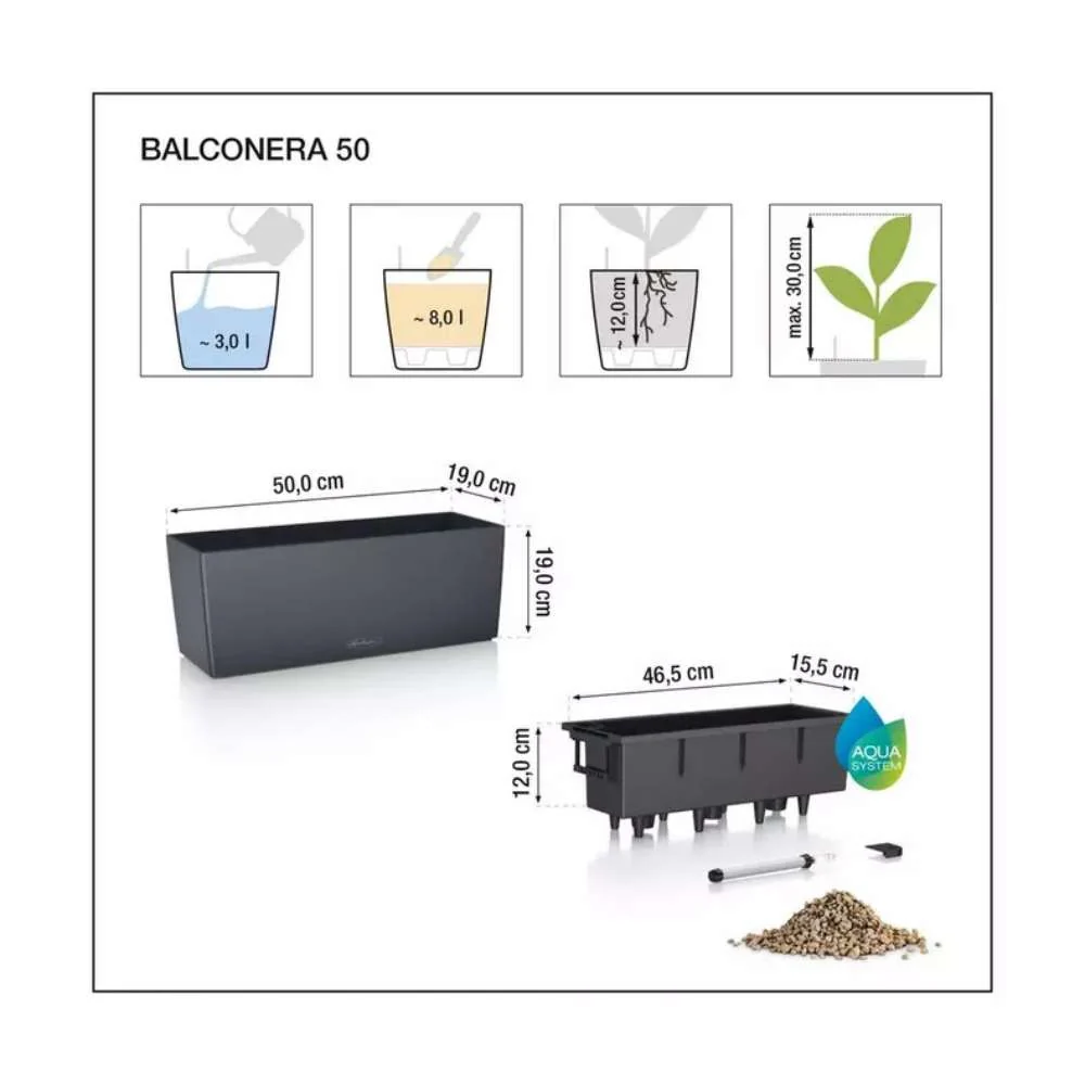 Ghiveci Auto-Irigant Lechuza Balconera Color 50, 8 l, alb mat, sistem de autoirigare, insert detasabil, strat de drenaj
