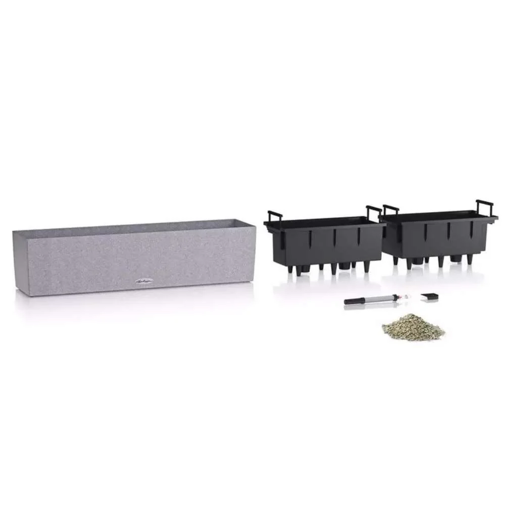 Ghiveci Auto-Irigant Lechuza Balconera Stone 80, 12 l, cu efect de piatra alba, sistem de autoirigare, insert detasabil, s...