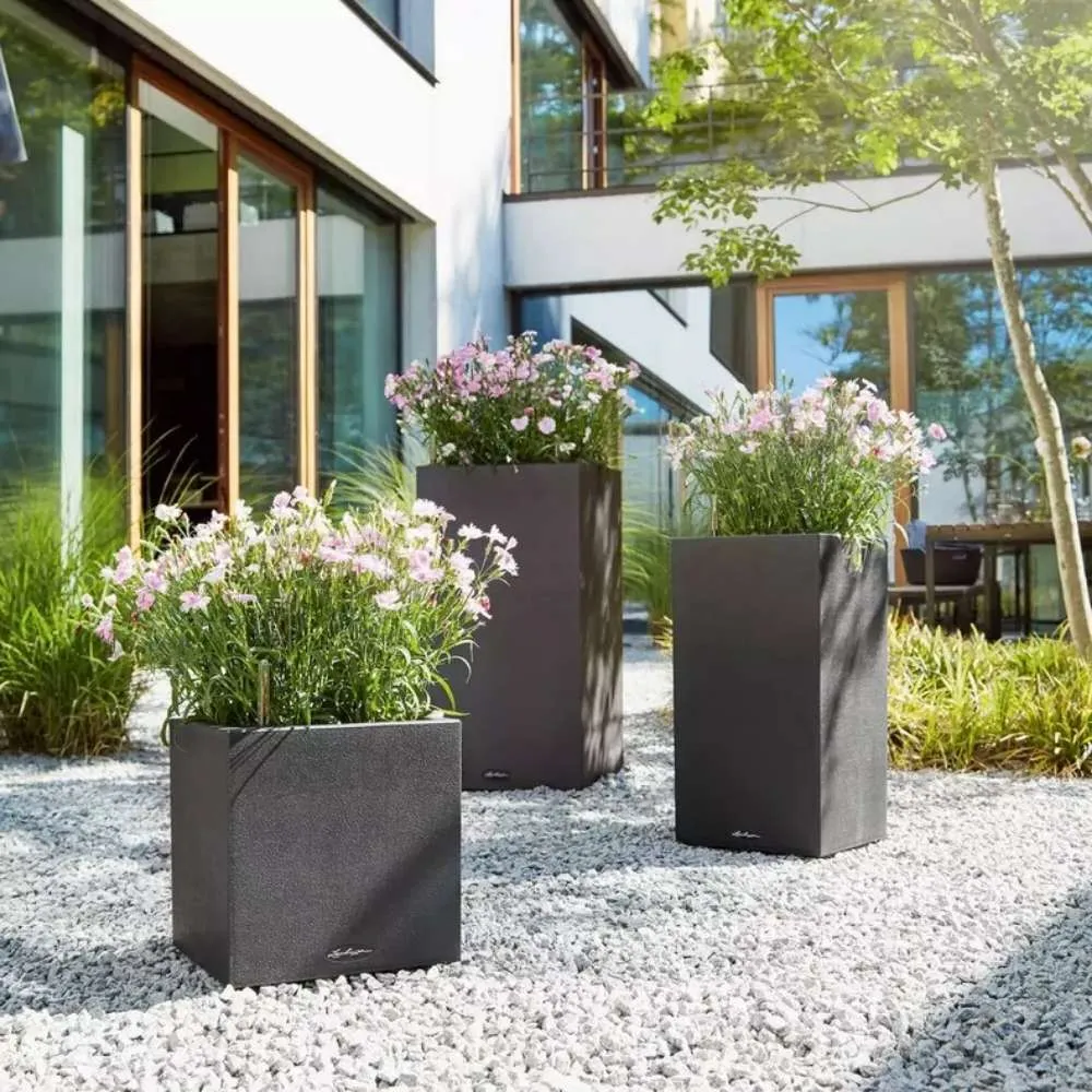 Ghiveci Auto-Irigant Lechuza Canto Stone High 30, 12 l, efect piatra neagra, sistem de autoirigare, insert detasabil, stra...