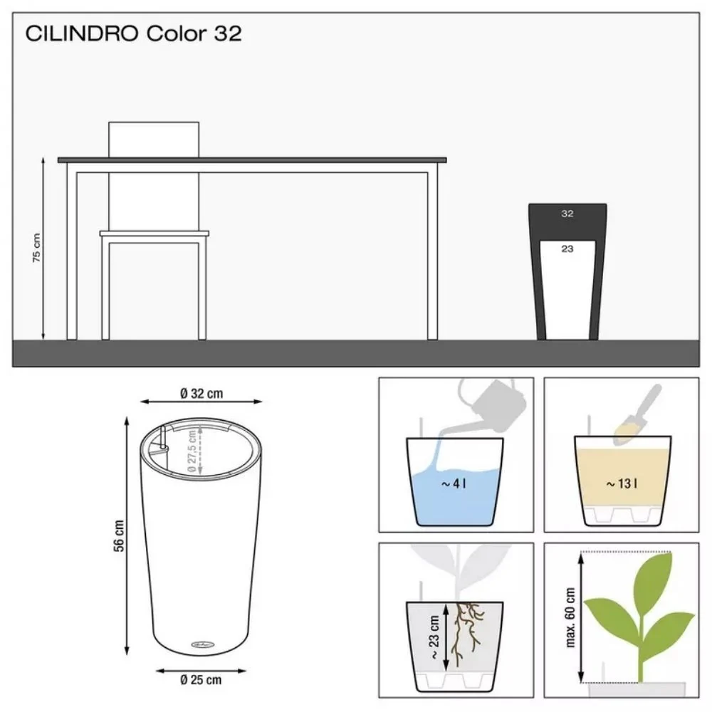 Ghiveci Auto-Irigant Lechuza Cilindro Color 32, 13 l, alb mat, sistem de autoirigare, insert detasabil, strat de drenaj