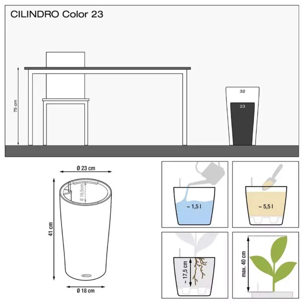 Ghiveci Auto-Irigant Lechuza Cilindro Color 23, 5.5 l, negru mat, sistem de autoirigare, insert detasabil, strat de drenaj