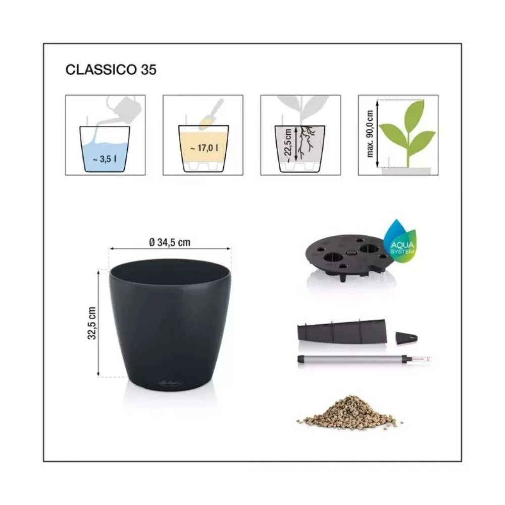 Ghiveci Auto-Irigant Lechuza Classico Color 35, 17 l, negru mat, sistem de autoirigare, insert detasabil, strat de drenaj